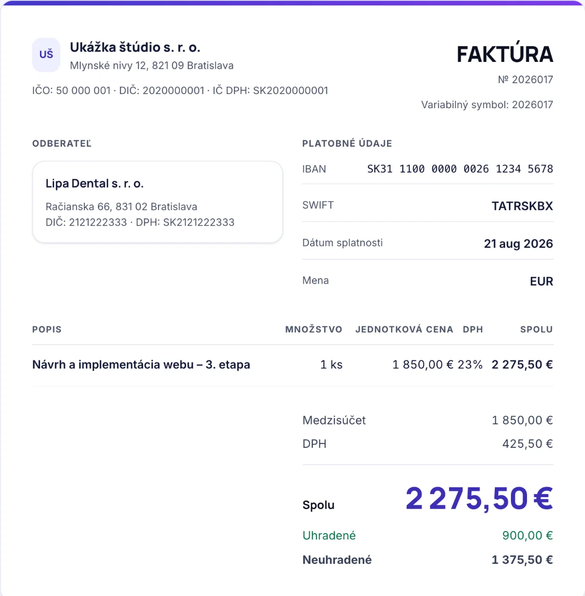 Detail faktúry v aplikácii Fakturista s odberateľom, platobnými údajmi, položkami a tlačidlami PDF a Email.